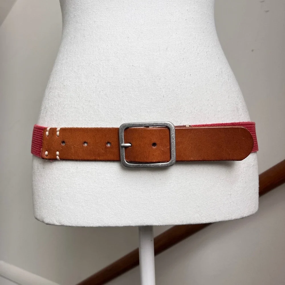 Vintage Red Canvas Brown‎ Leather Belt Silver Buckle Preppy Statement